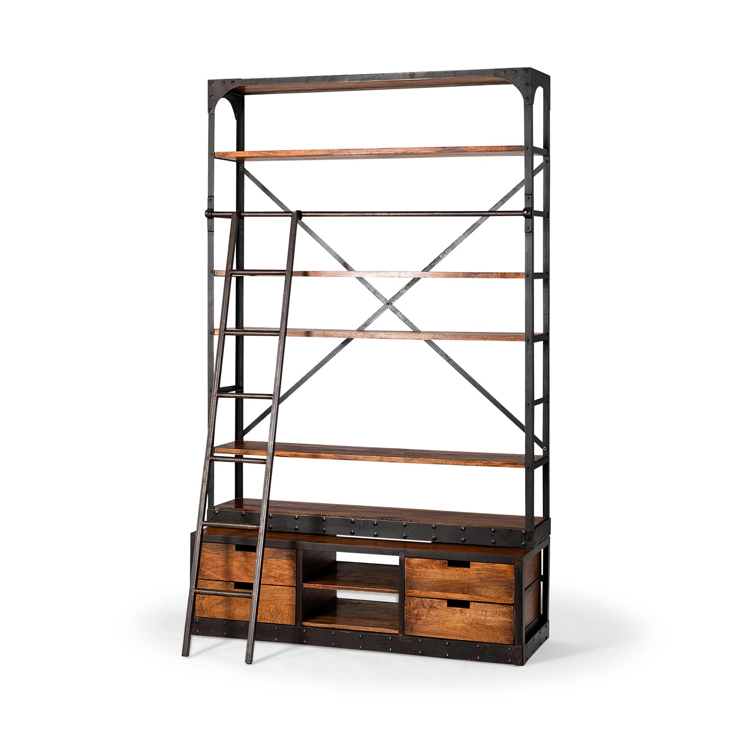 94" Brown And Black Metal and Wood Four Tier Library Bookcase With Ladder