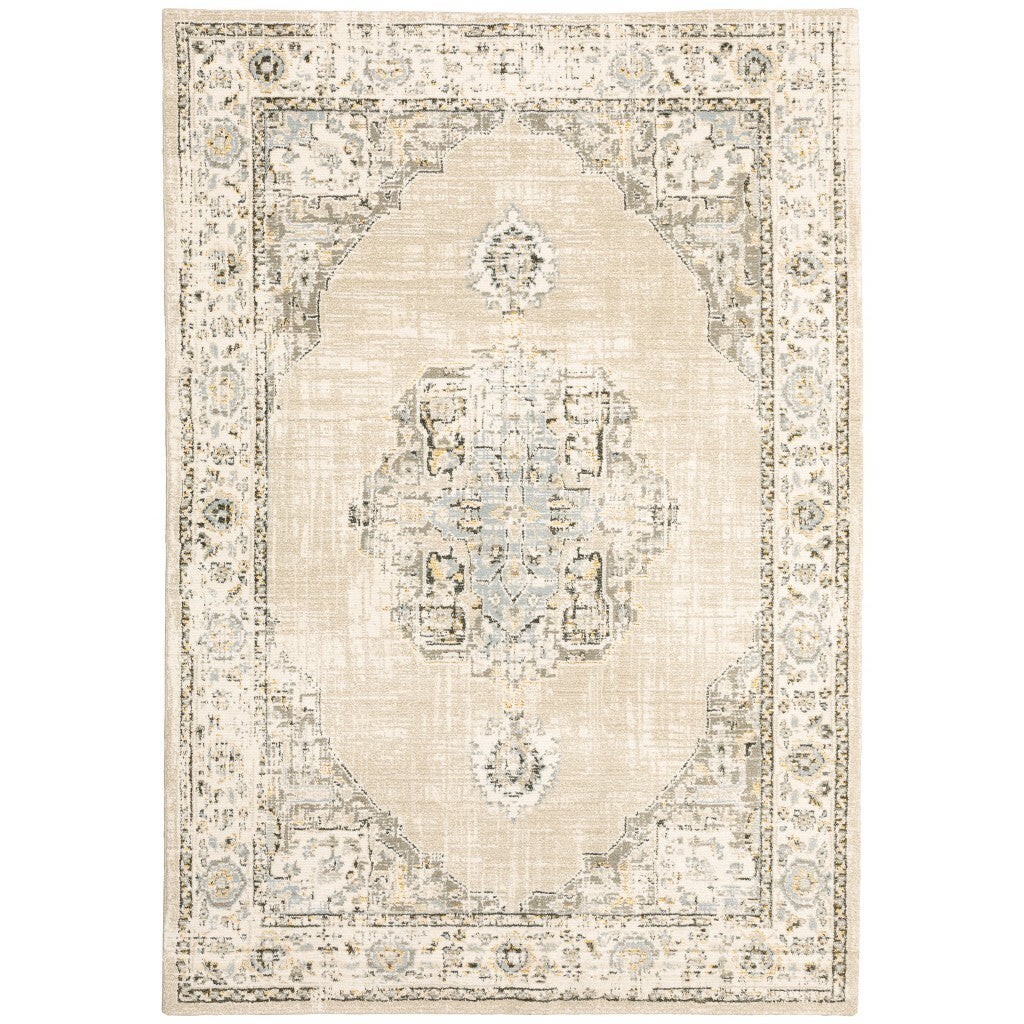 9' X 12' Beige And Ivory Center Jewel Area Rug