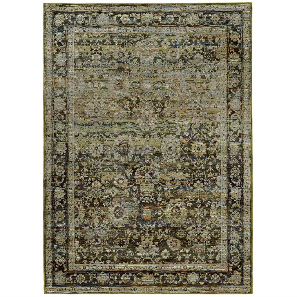 7' X 9' Green And Brown Floral Area Rug
