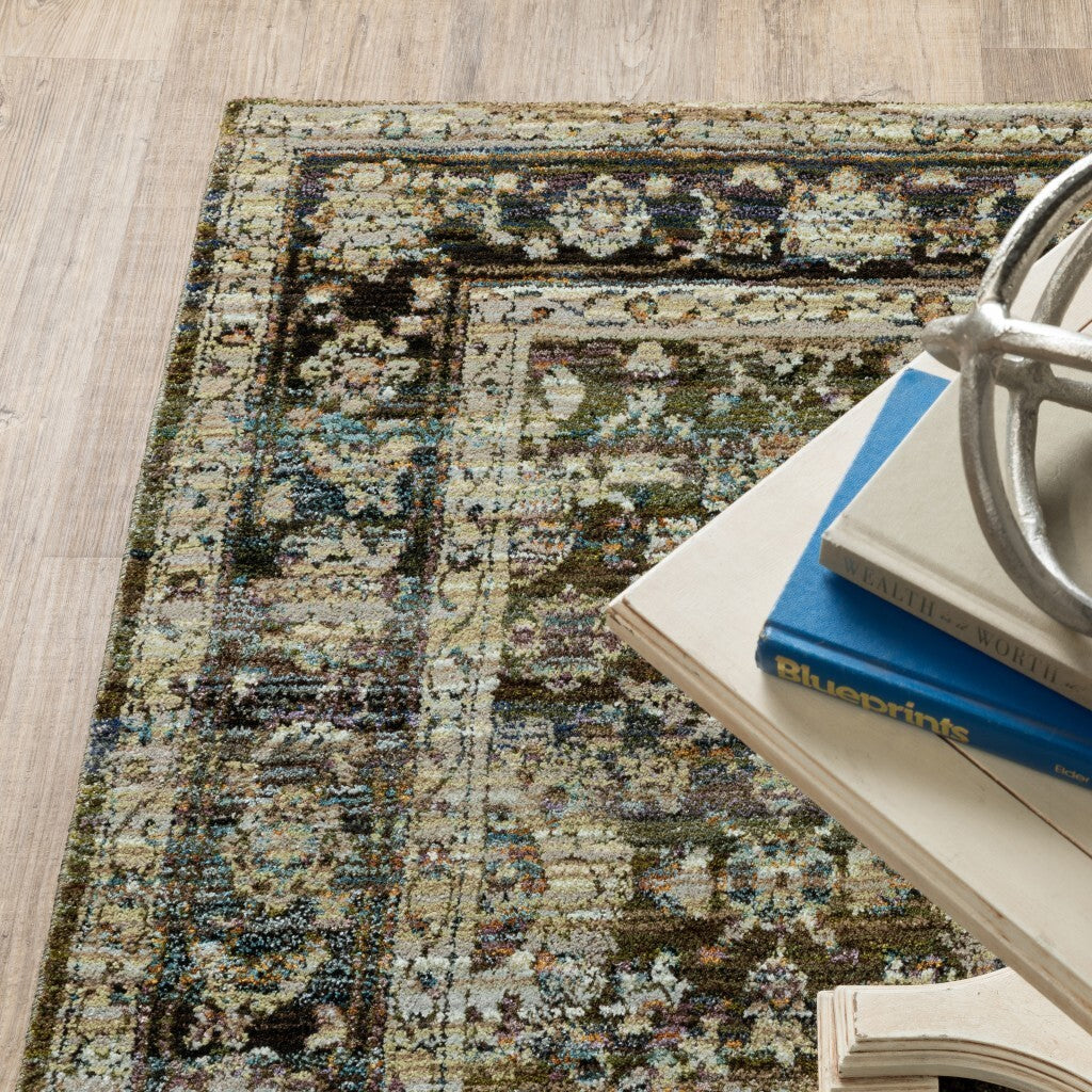 7' X 9' Green And Brown Floral Area Rug