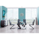 71" Clear And White and Gray Glass And Stainless Steel Pedestal Base Dining Table