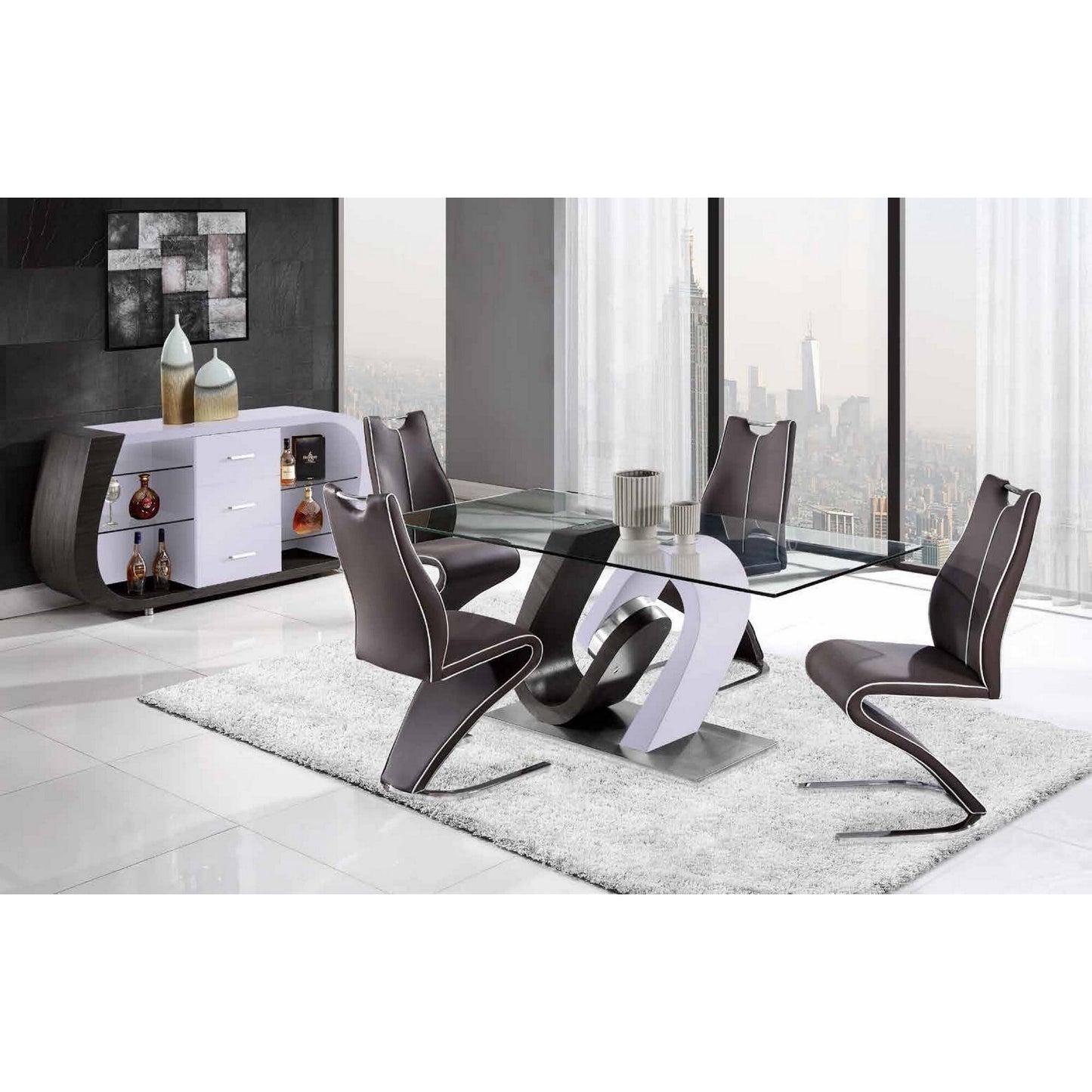 71" Clear And White and Gray Glass And Stainless Steel Pedestal Base Dining Table