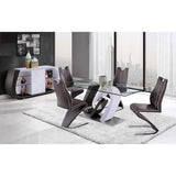 71" Clear And White and Gray Glass And Stainless Steel Pedestal Base Dining Table