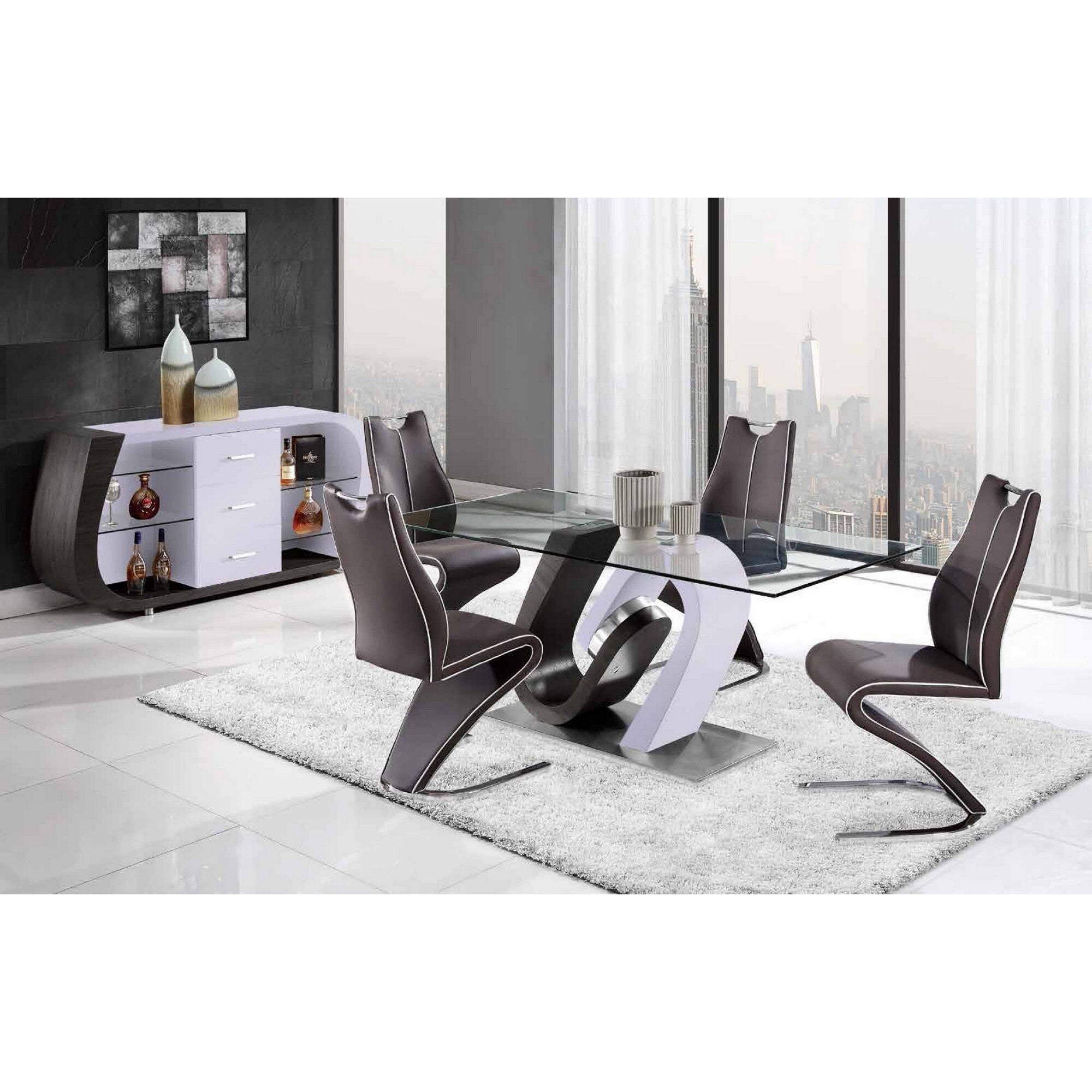 71" Clear And White and Gray Glass And Stainless Steel Pedestal Base Dining Table