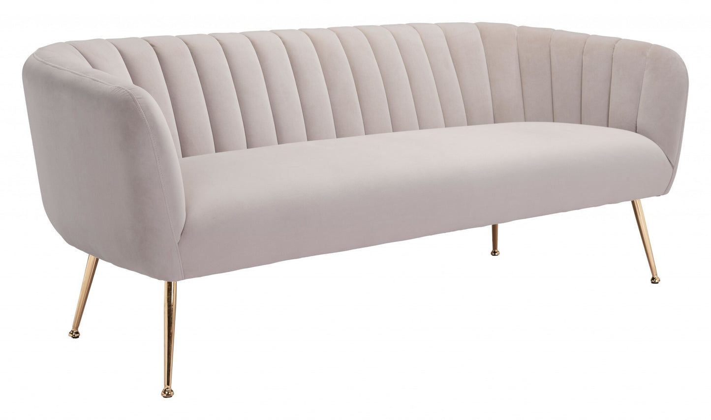 70" Beige Velvet Sofa With Gold Legs