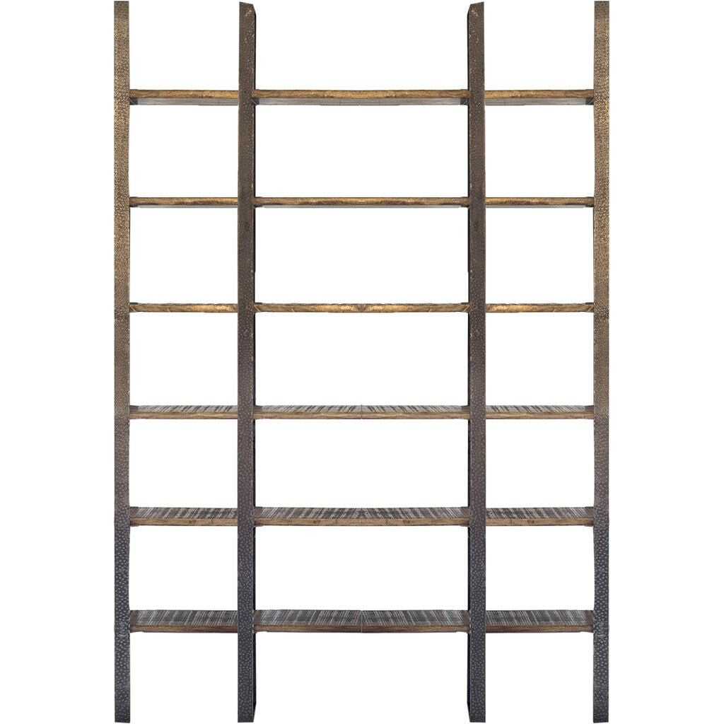 90" Brown Distressed Iron and Solid Wood Six Tier Bookcase
