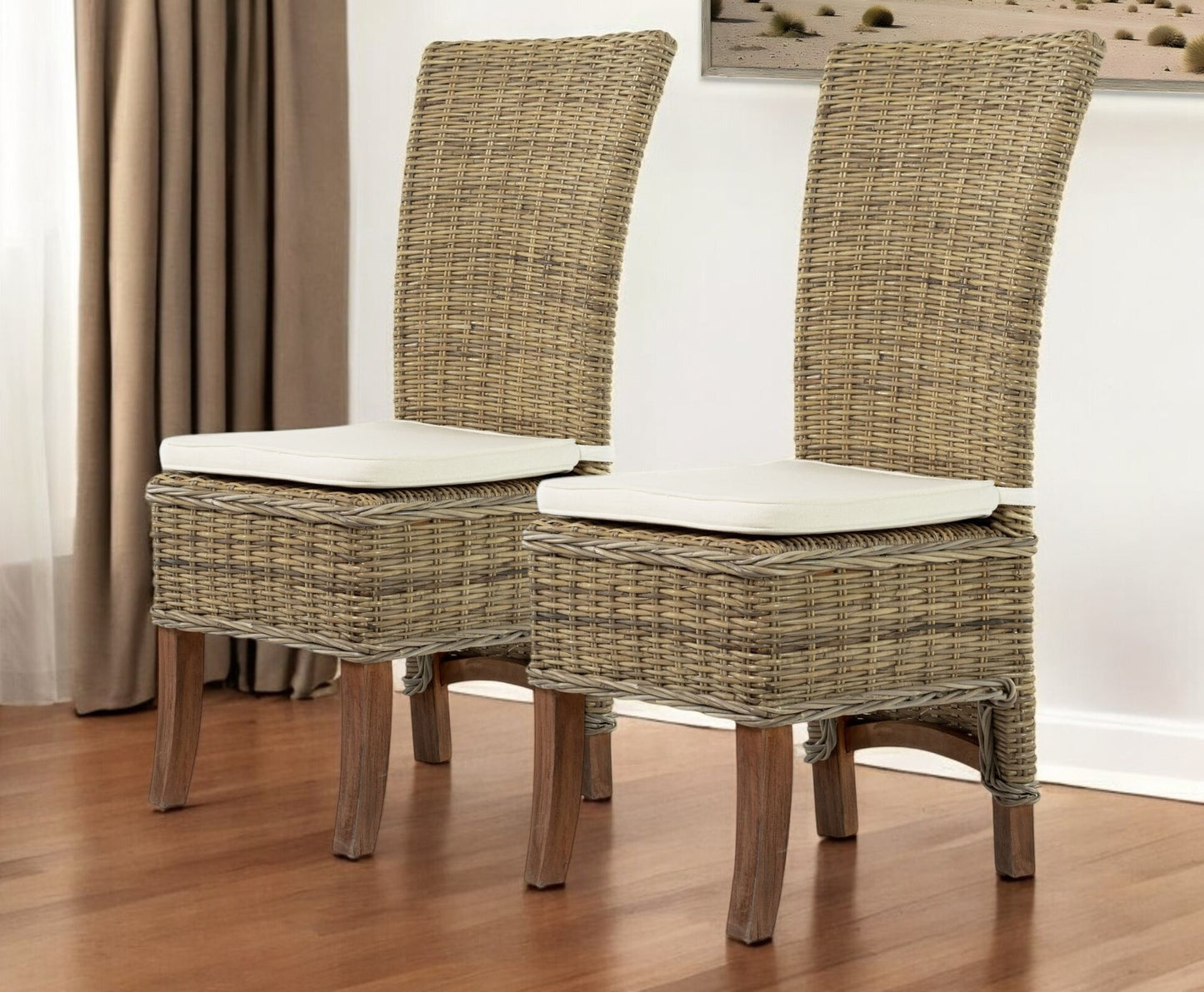 Set of Two Cream And Natural Rattan Dining Parsons Chairs - Qty 6