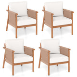 Patio Acacia Wood Chair Set of 4 with Woven Rope Armrests and Seat Back Cushions for Backyard-White - Color: White