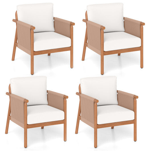 Patio Acacia Wood Chair Set of 4 with Woven Rope Armrests and Seat Back Cushions for Backyard-White - Color: White