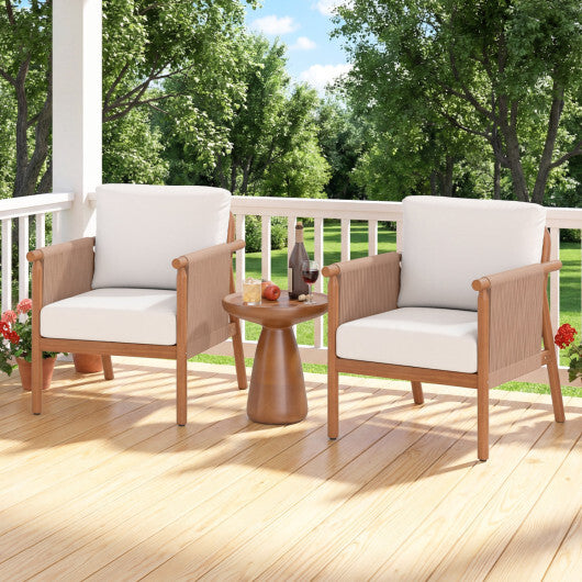 Patio Acacia Wood Chair Set of 4 with Woven Rope Armrests and Seat Back Cushions for Backyard-White - Color: White