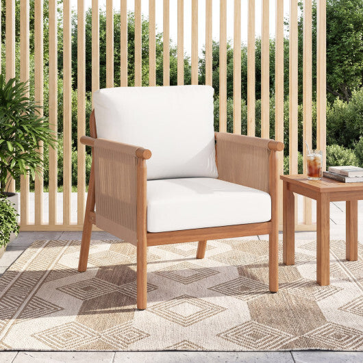 Patio Acacia Wood Chair Set of 4 with Woven Rope Armrests and Seat Back Cushions for Backyard-White - Color: White