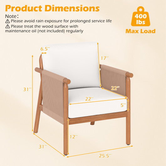 Patio Acacia Wood Chair Set of 4 with Woven Rope Armrests and Seat Back Cushions for Backyard-White - Color: White