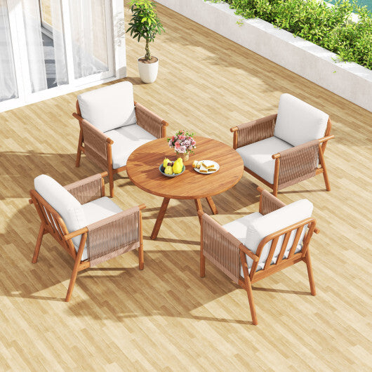 Patio Acacia Wood Chair Set of 4 with Woven Rope Armrests and Seat Back Cushions for Backyard-White - Color: White