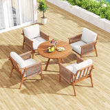 Patio Acacia Wood Chair Set of 4 with Woven Rope Armrests and Seat Back Cushions for Backyard-White - Color: White