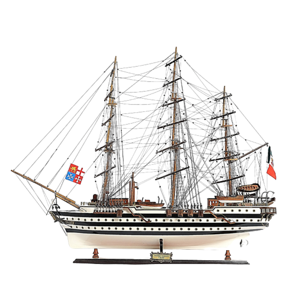 32" Black and White Amerigo Vespucci Hand Painted Decorative Boat