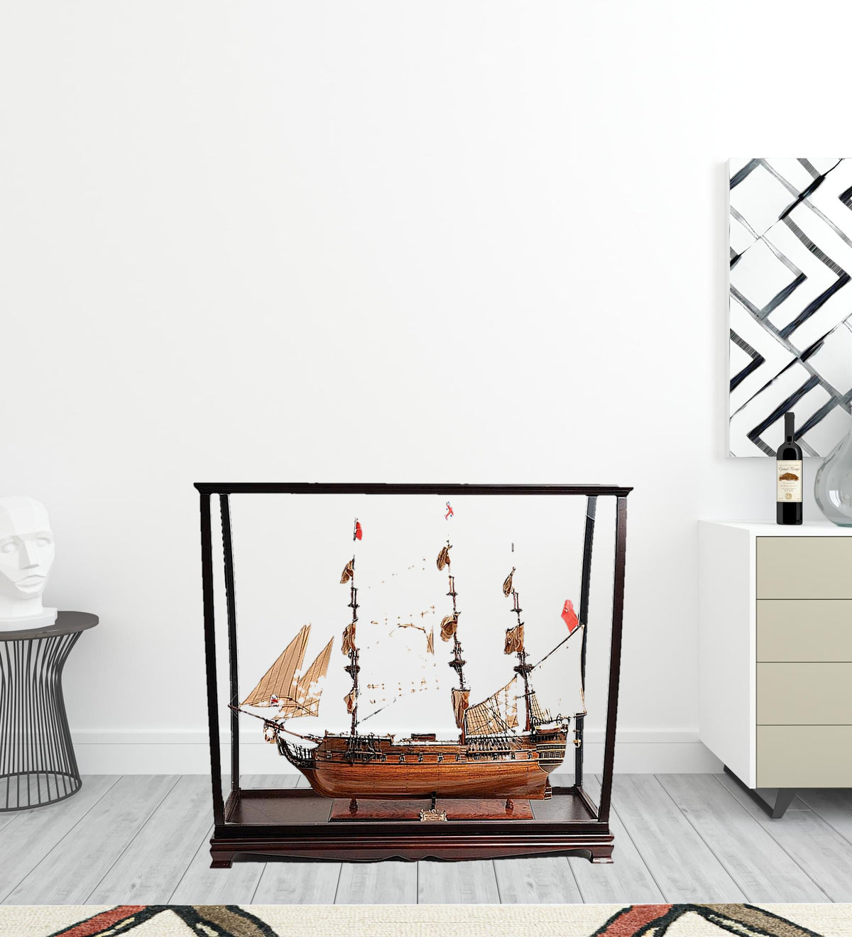 39" Wood Brown HMS Surprise 1796 Table Top Display Case Hand Painted Model Boat