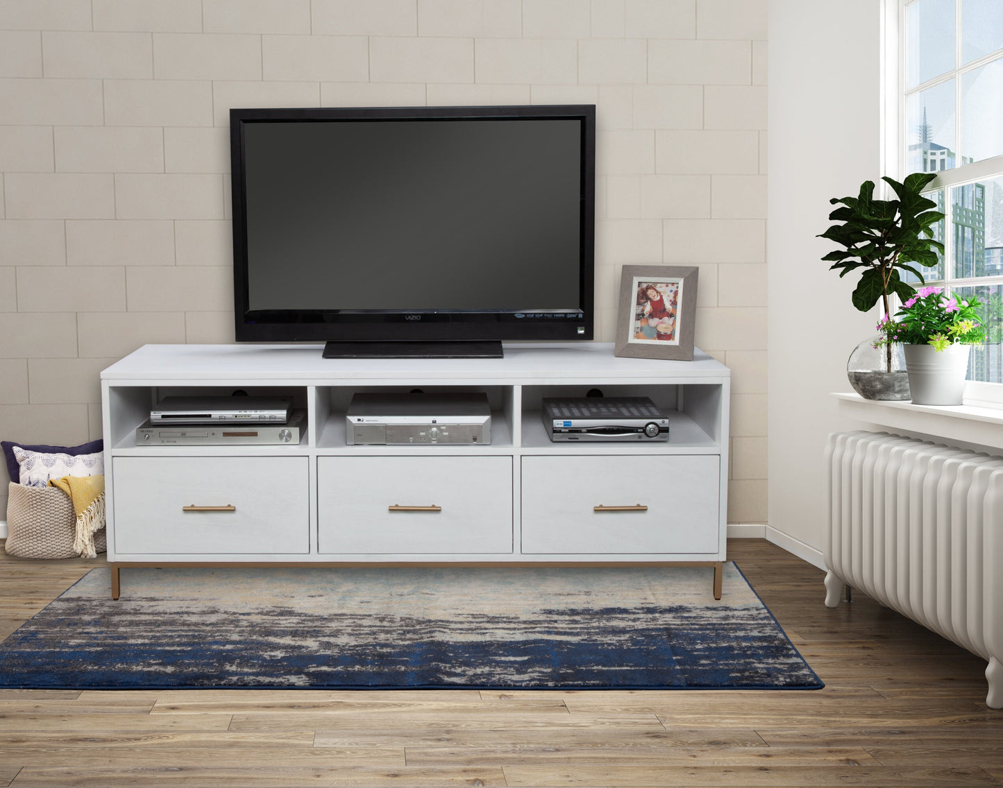 64" White Mahogany Solid Wood Open Shelving TV Stand