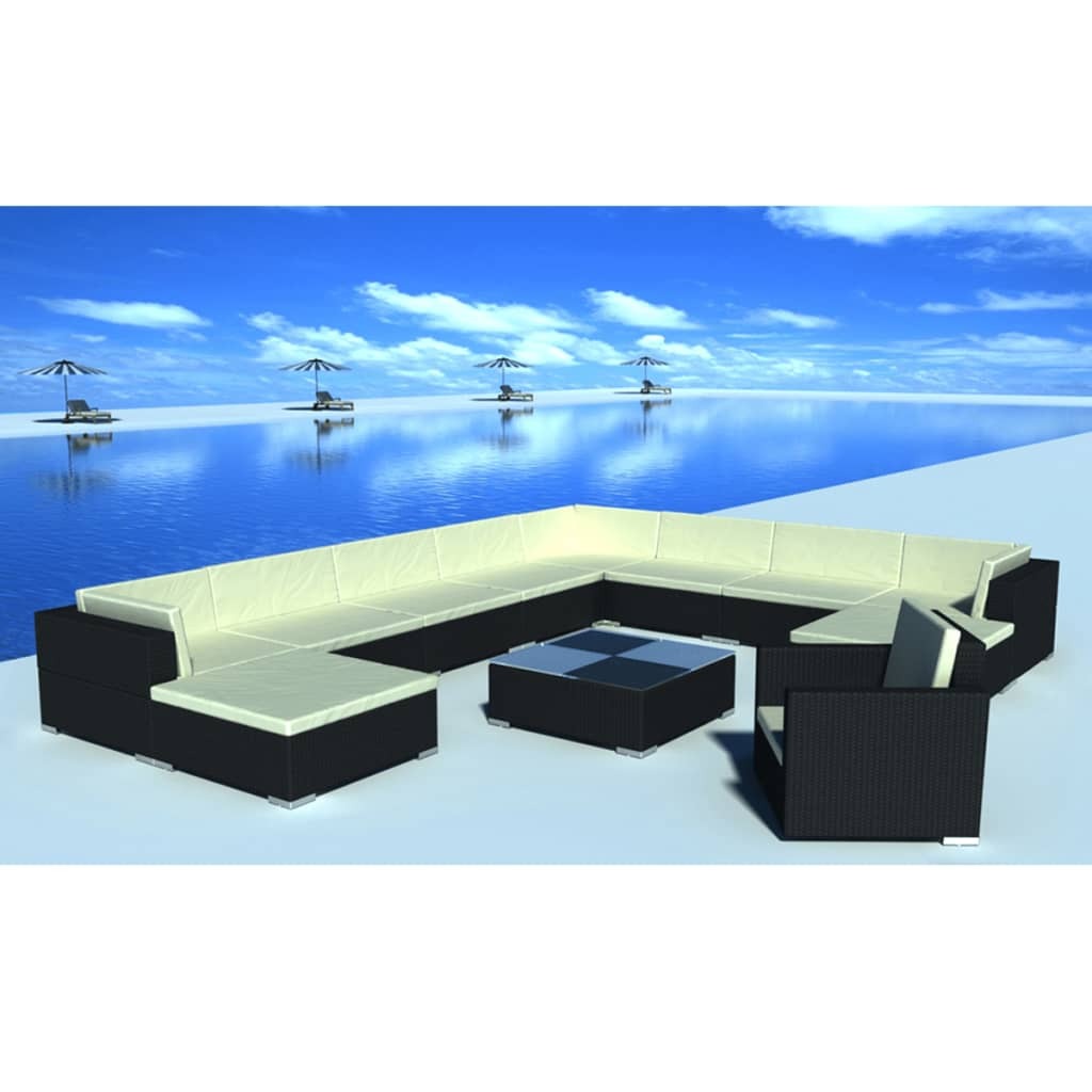 12 Piece Patio Lounge Set with Cushions Poly Rattan Black