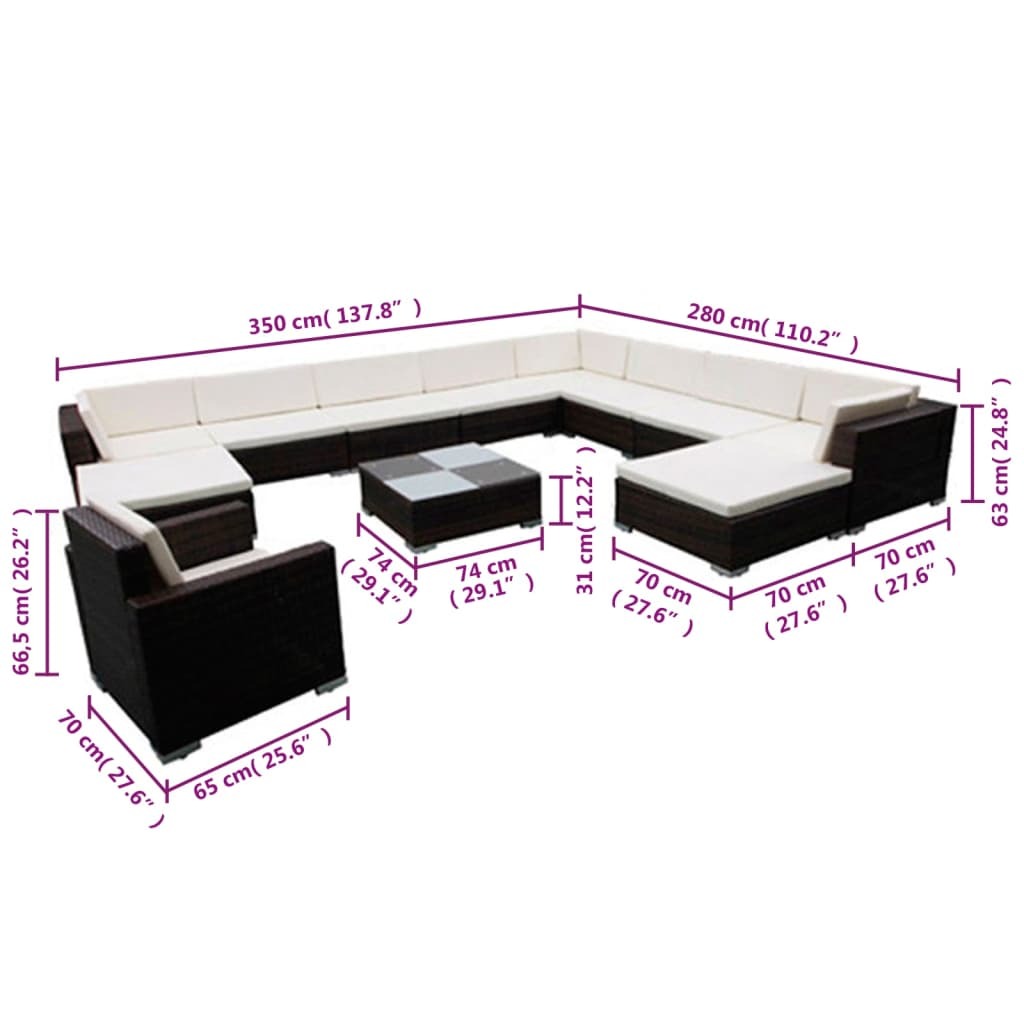 12 Piece Patio Lounge Set with Cushions Poly Rattan Black