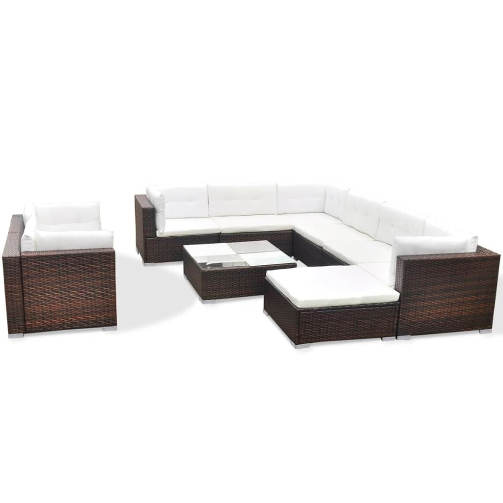 10 Piece Patio Lounge Set with Cushions Poly Rattan Brown