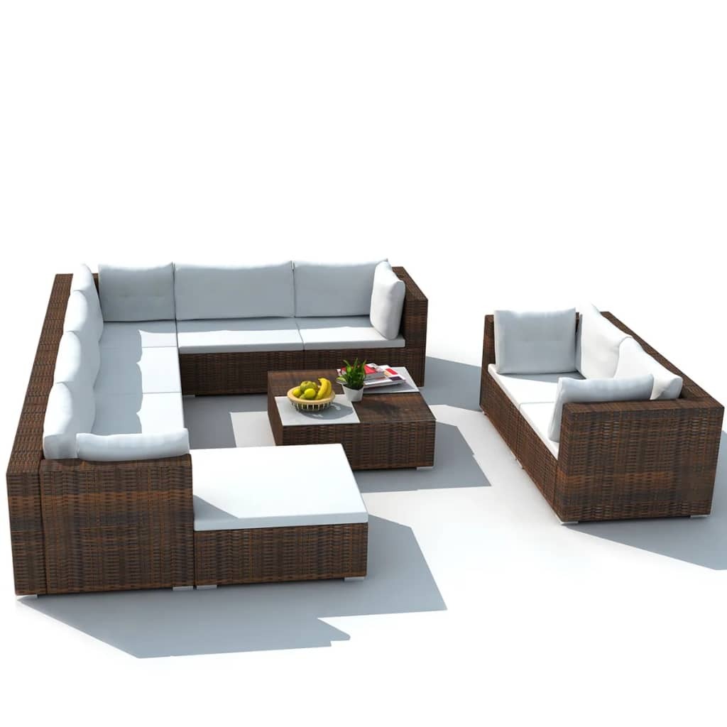 10 Piece Patio Lounge Set with Cushions Poly Rattan Brown