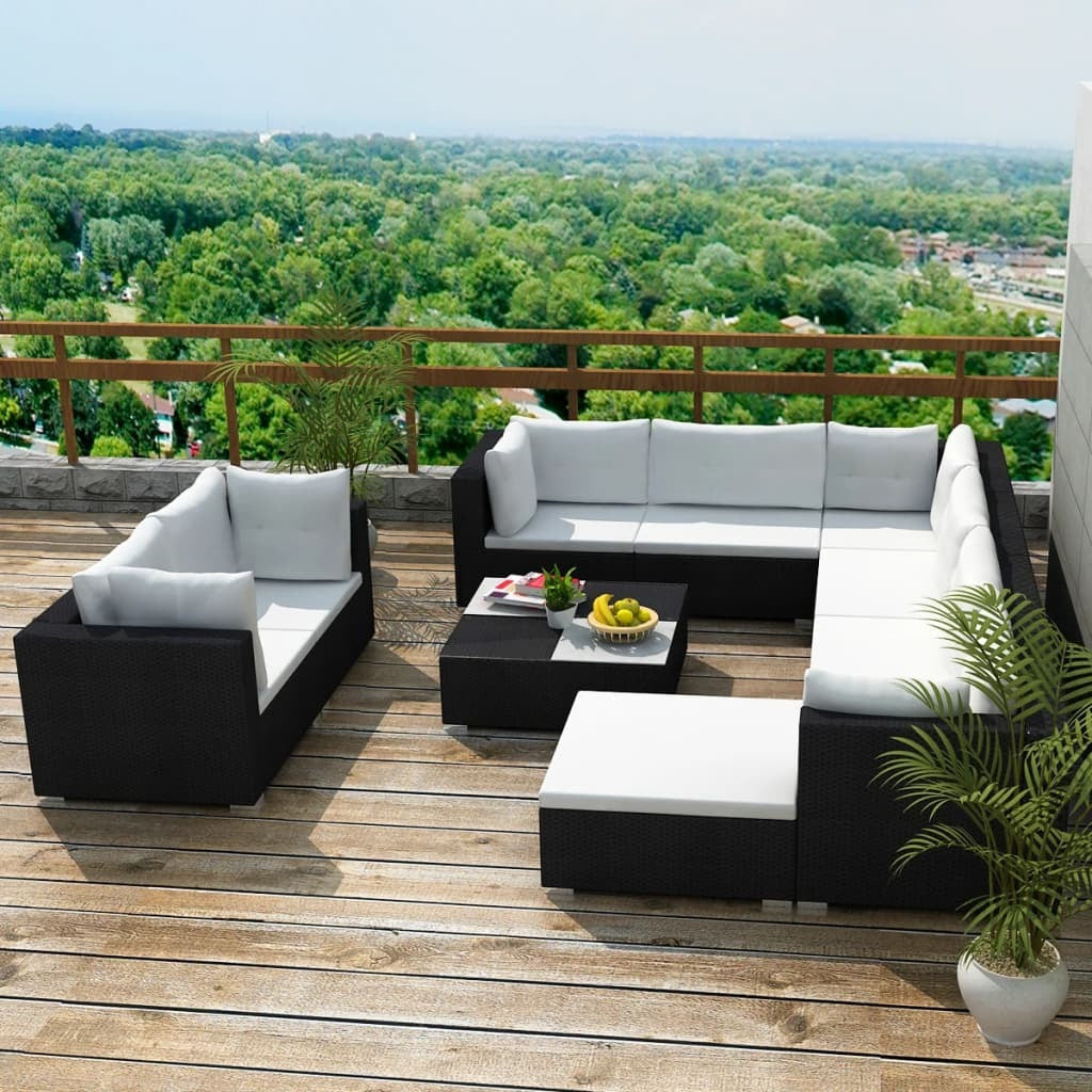 10 Piece Patio Lounge Set with Cushions Poly Rattan Black
