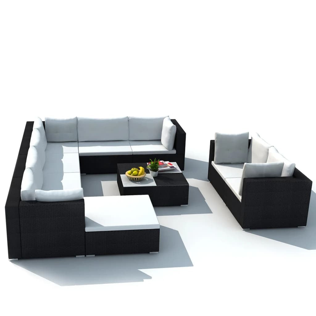 10 Piece Patio Lounge Set with Cushions Poly Rattan Black
