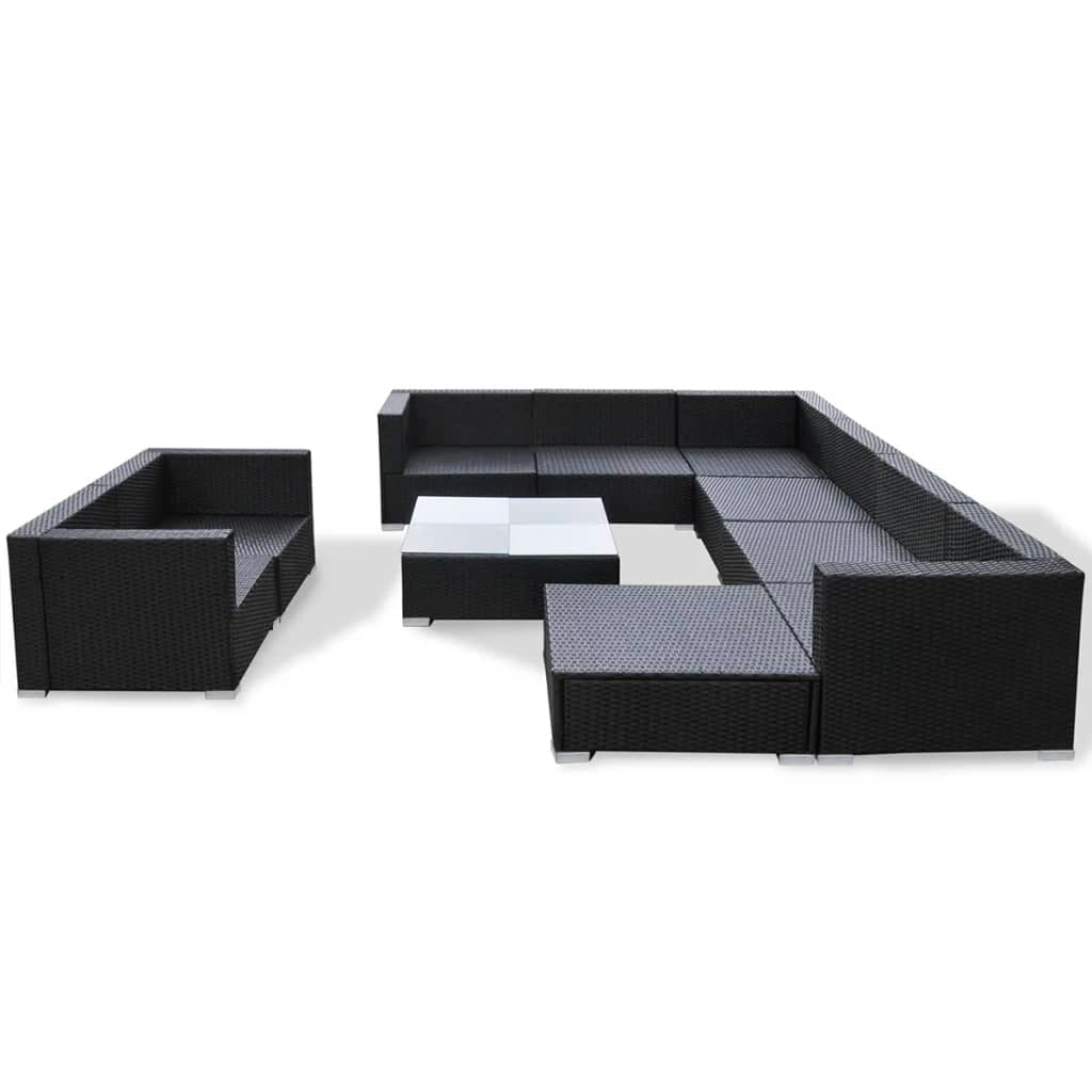 10 Piece Patio Lounge Set with Cushions Poly Rattan Black