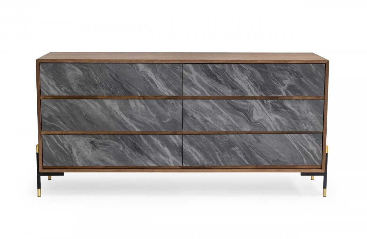 63" Walnut And Grey Faux Marble Wood Six Drawer Double Dresser
