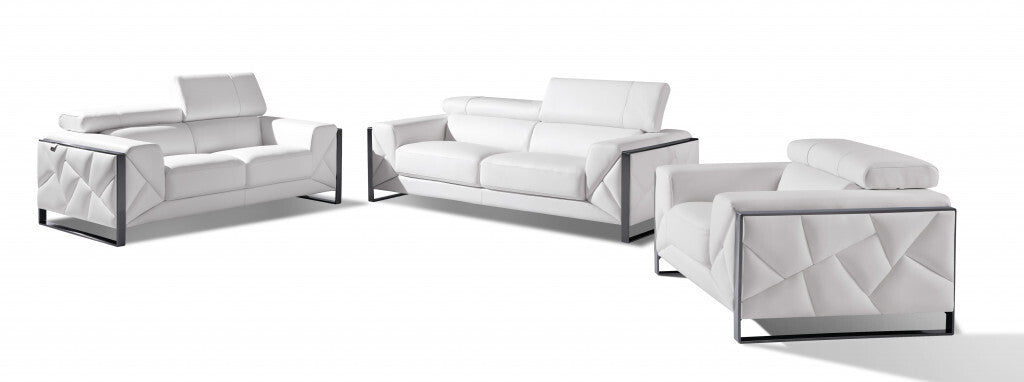 89" White Italian Leather Sofa With Chrome Legs