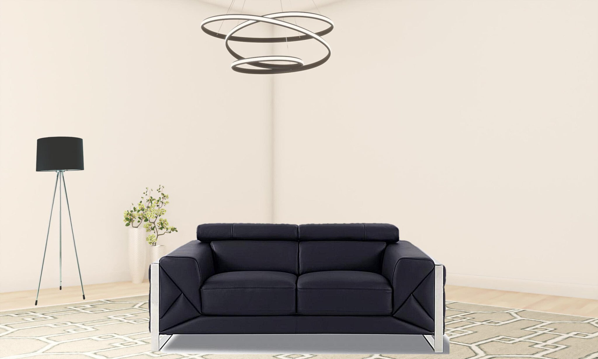 Two Piece Indoor Black Italian Leather Five Person Seating Set