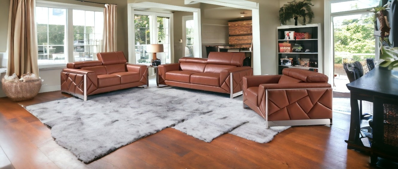 Three Piece Indoor Camel Italian Leather Six Person Seating Set