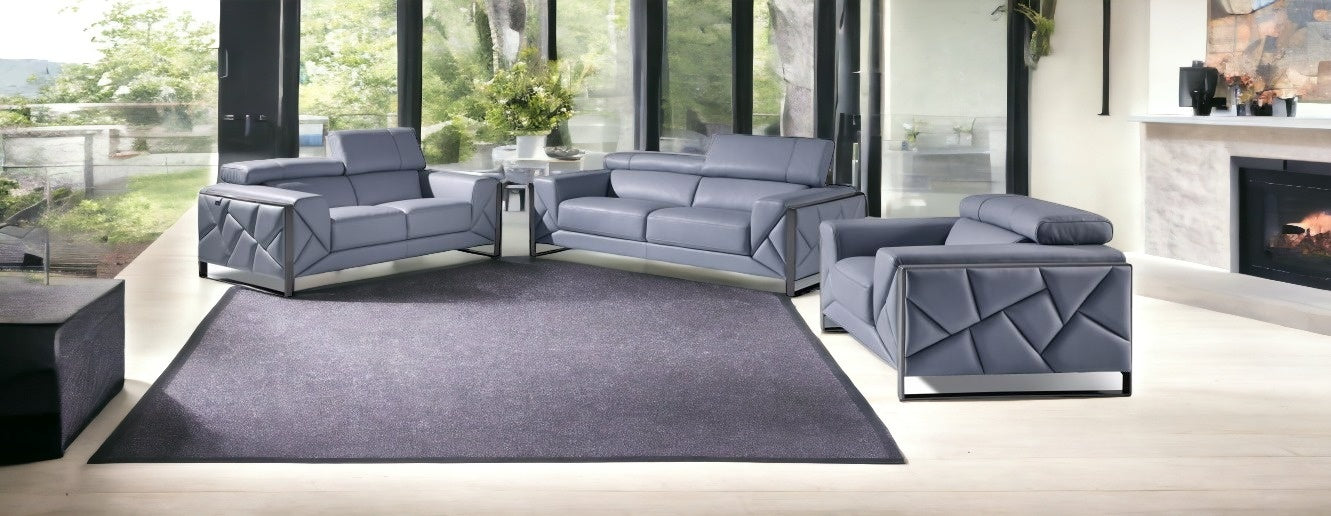Three Piece Indoor Light Blue Italian Leather Six Person Seating Set