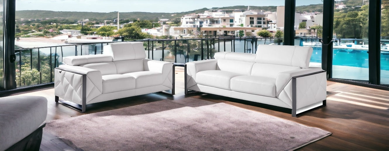 Two Piece Indoor White Italian Leather Five Person Seating Set