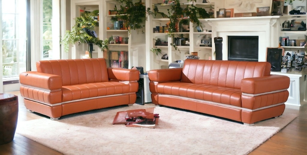 Two Piece Indoor Camel Italian Leather Five Person Seating Set