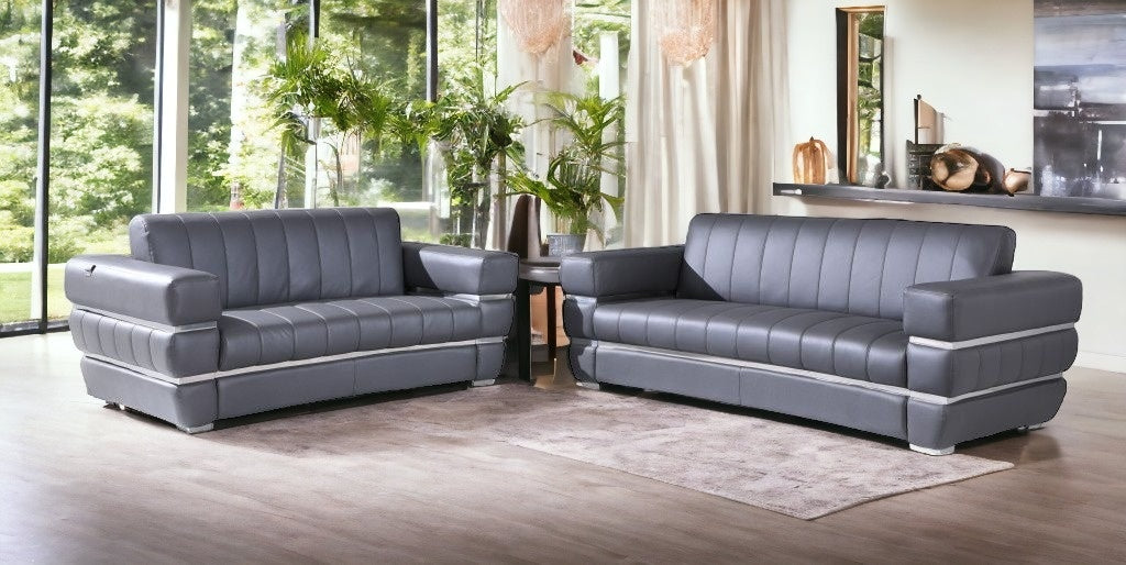 Two Piece Indoor Dark Gray Italian Leather Five Person Seating Set