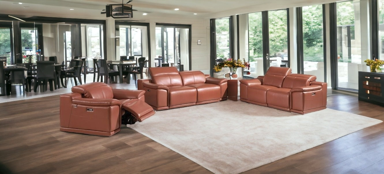 Three Piece Indoor Camel Italian Leather Six Person Seating Set