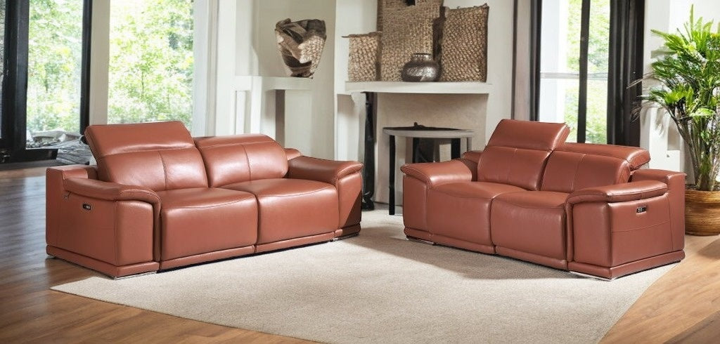 Two Piece Indoor Camel Italian Leather Five Person Seating Set