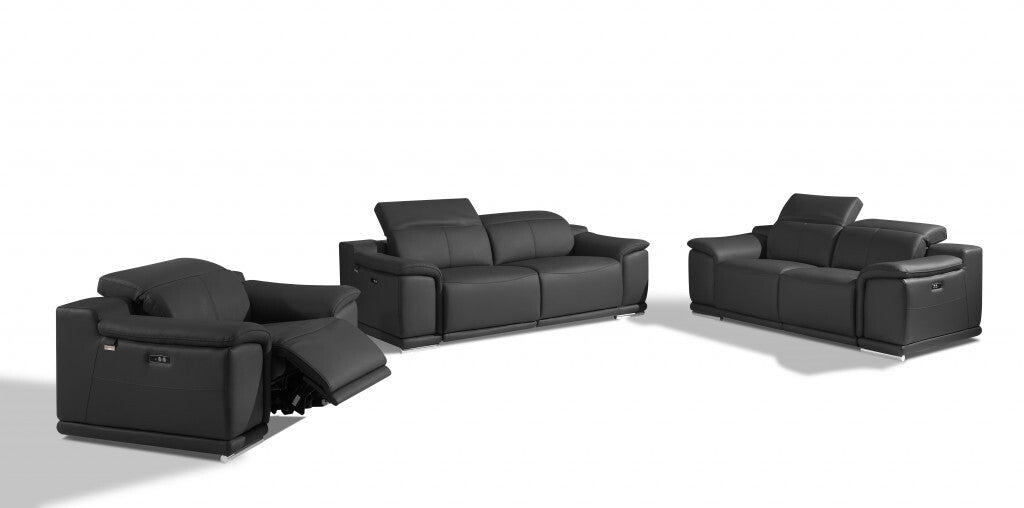 Three Piece Indoor Dark Gray Italian Leather Six Person Seating Set