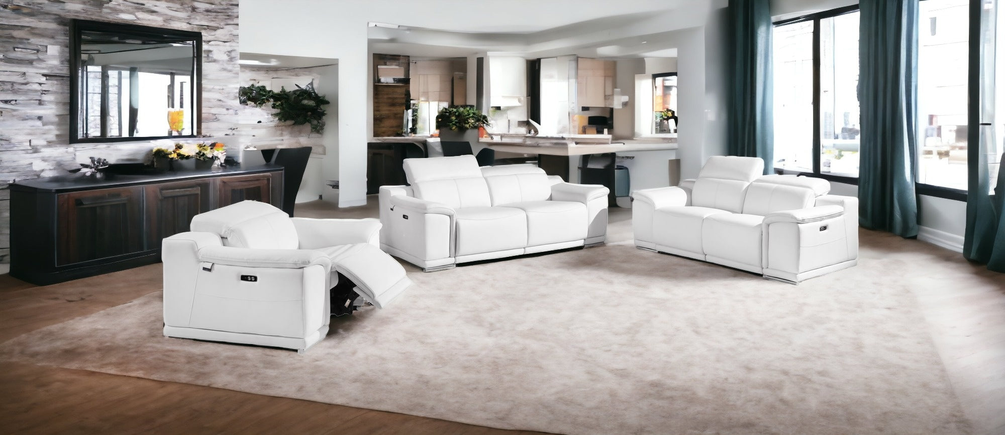 Three Piece Indoor White Italian Leather Six Person Seating Set
