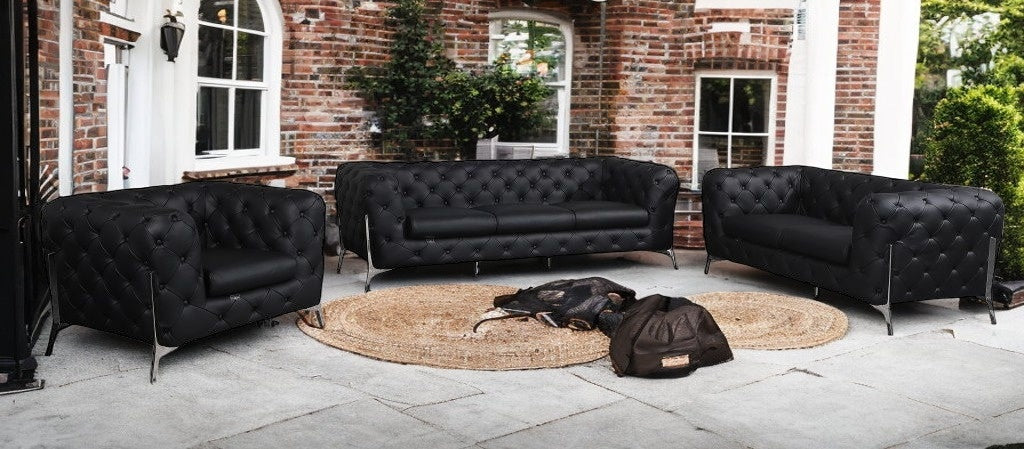 Three Piece Indoor Black Italian Leather Six Person Seating Set