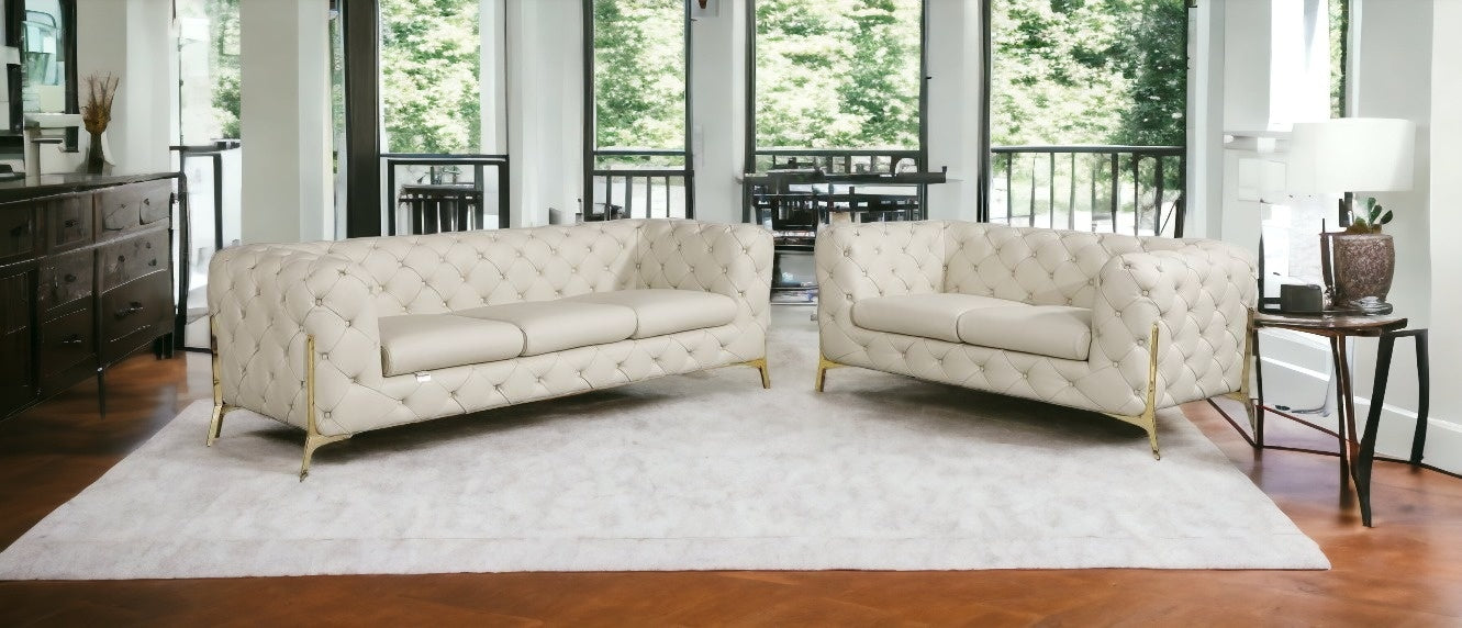 Two Piece Indoor Beige Italian Leather Five Person Seating Set