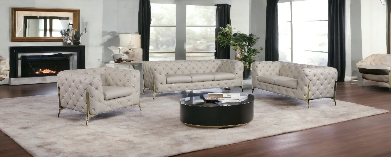 Three Piece Indoor Beige Italian Leather Six Person Seating Set