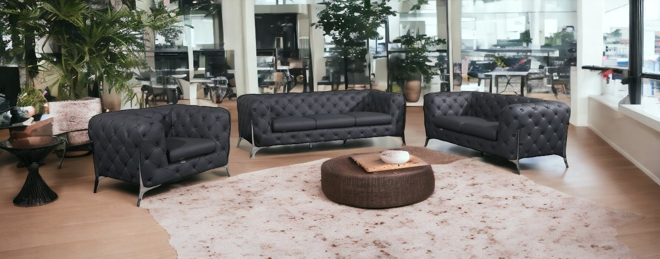 Three Piece Indoor Dark Gray Italian Leather Six Person Seating Set