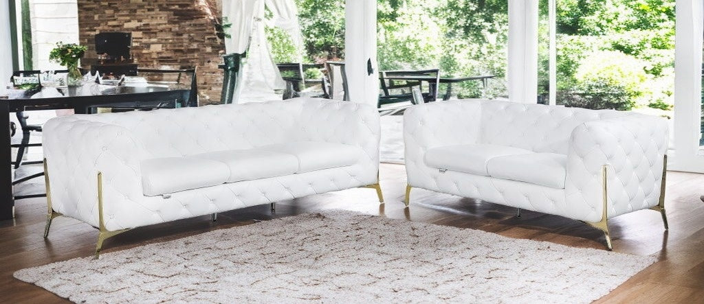 Two Piece Indoor White Italian Leather Five Person Seating Set
