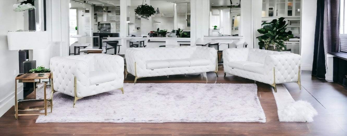 Three Piece Indoor White Italian Leather Six Person Seating Set