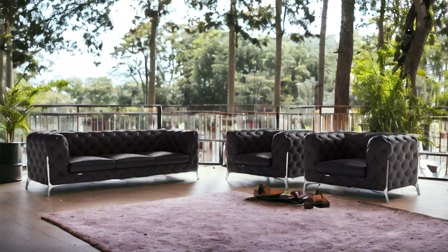Three Piece Indoor Black Italian Leather Five Person Seating Set