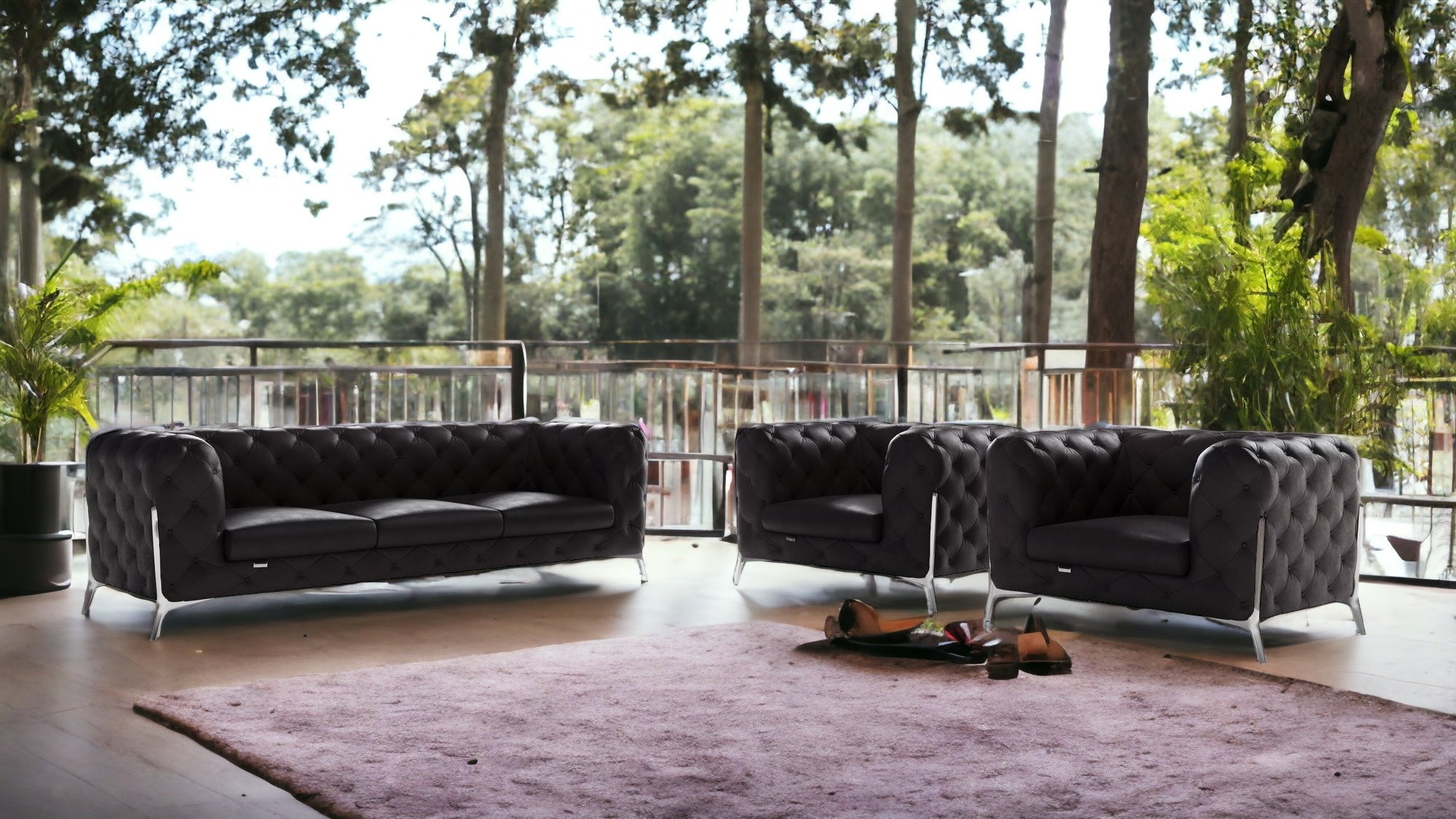 Three Piece Indoor Black Italian Leather Five Person Seating Set