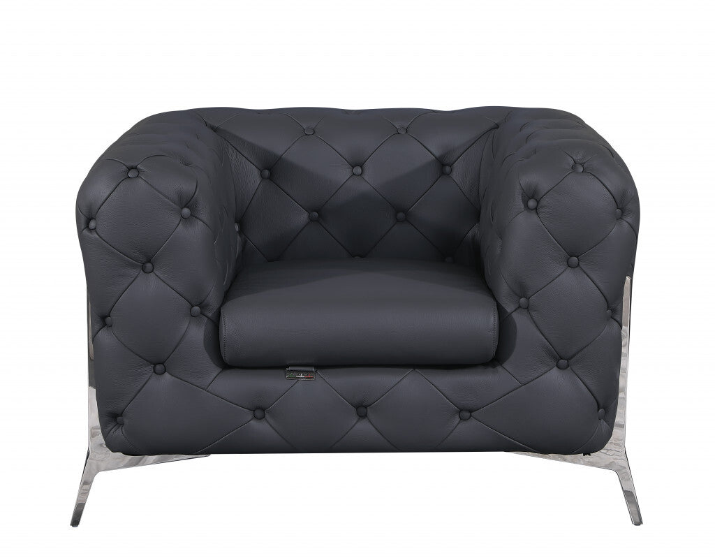 Three Piece Indoor Dark Gray Italian Leather Five Person Seating Set