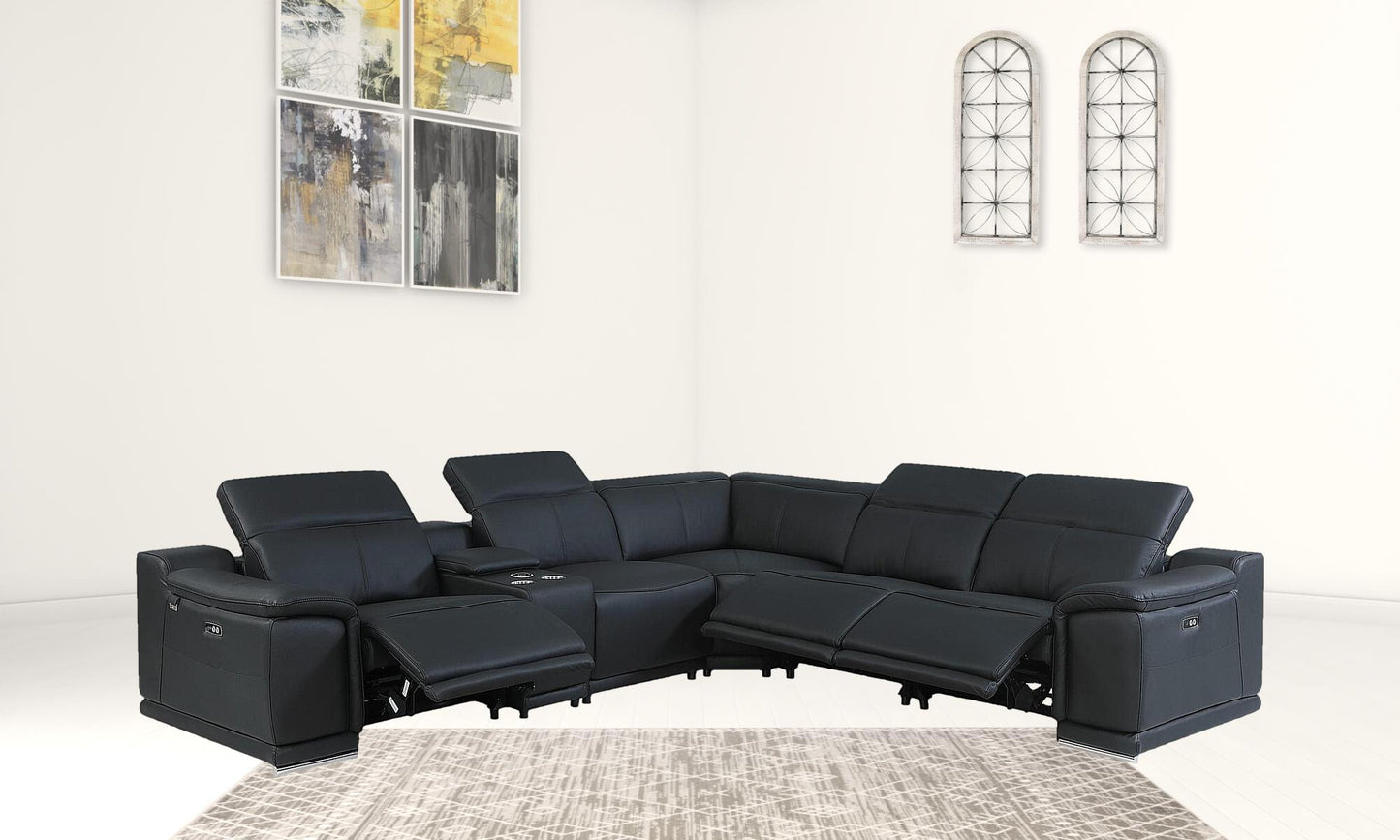 Black Italian Leather Power Reclining U Shaped Six Piece Corner Sectional With Console
